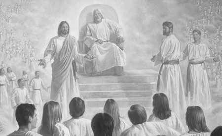 LDS artwork depicting Jesus speaking to premortal human spirits in heaven.