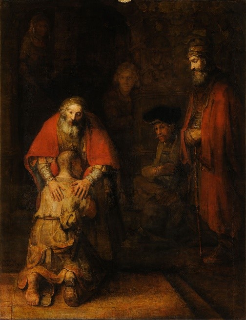 The prodigal son in tattered clothes kneels before forgiving father by Rembrandt