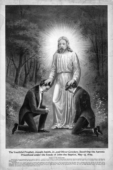 John the Baptist conferring the Aaronic priesthood on Joseph Smith and Oliver Cowdery