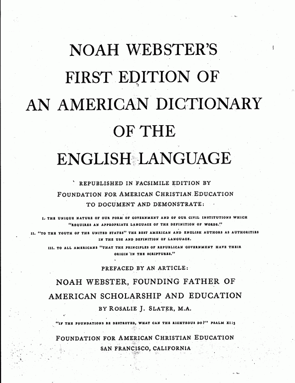 Noah Webster's First Edition 1828 Dictionary. Reprint of Title Page.