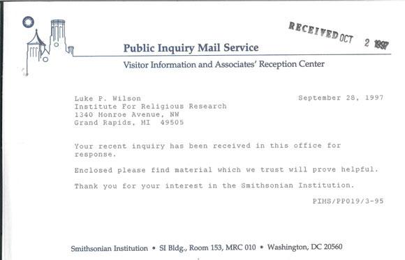 Smithsonian Institute Response to Inquiry--Cover letter
