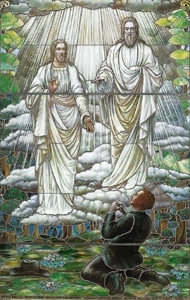 Stained glass window (ca. 1913) of Joseph Smith’s First Vision